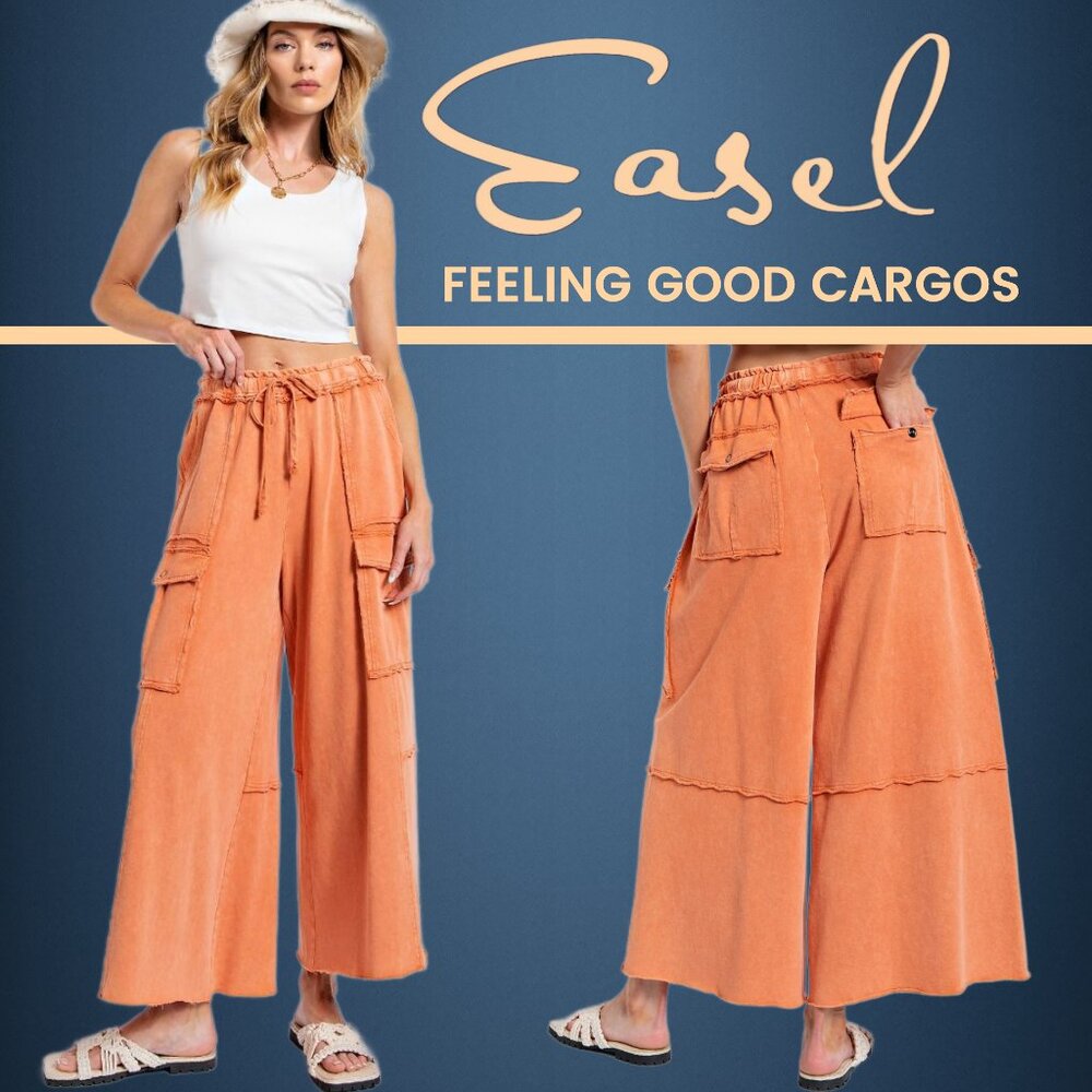 EASEL “Feeling Good Cargos” Mineral Washed Flared Leg, Raw Seams & Hems, Pockets